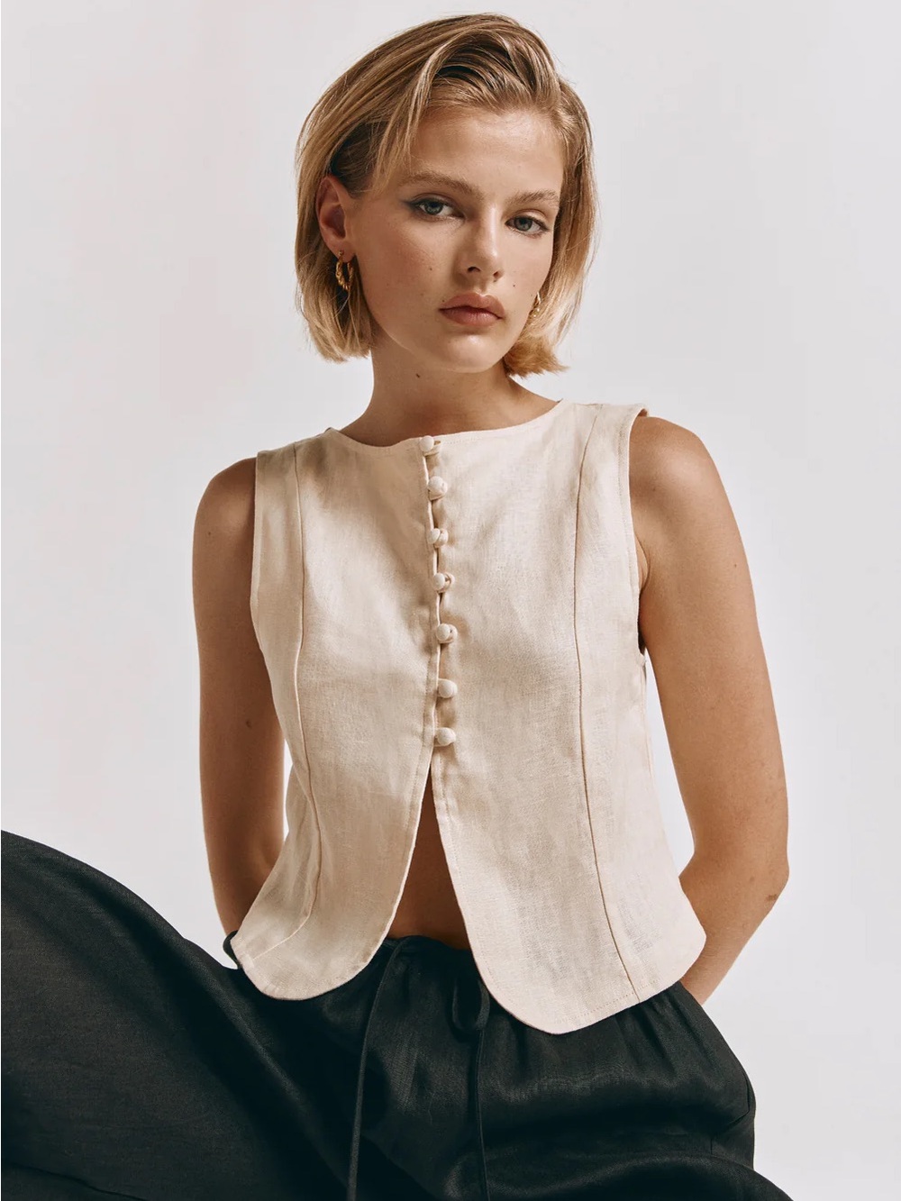 Sleeveless Cream Button-Front Linen Blend Top